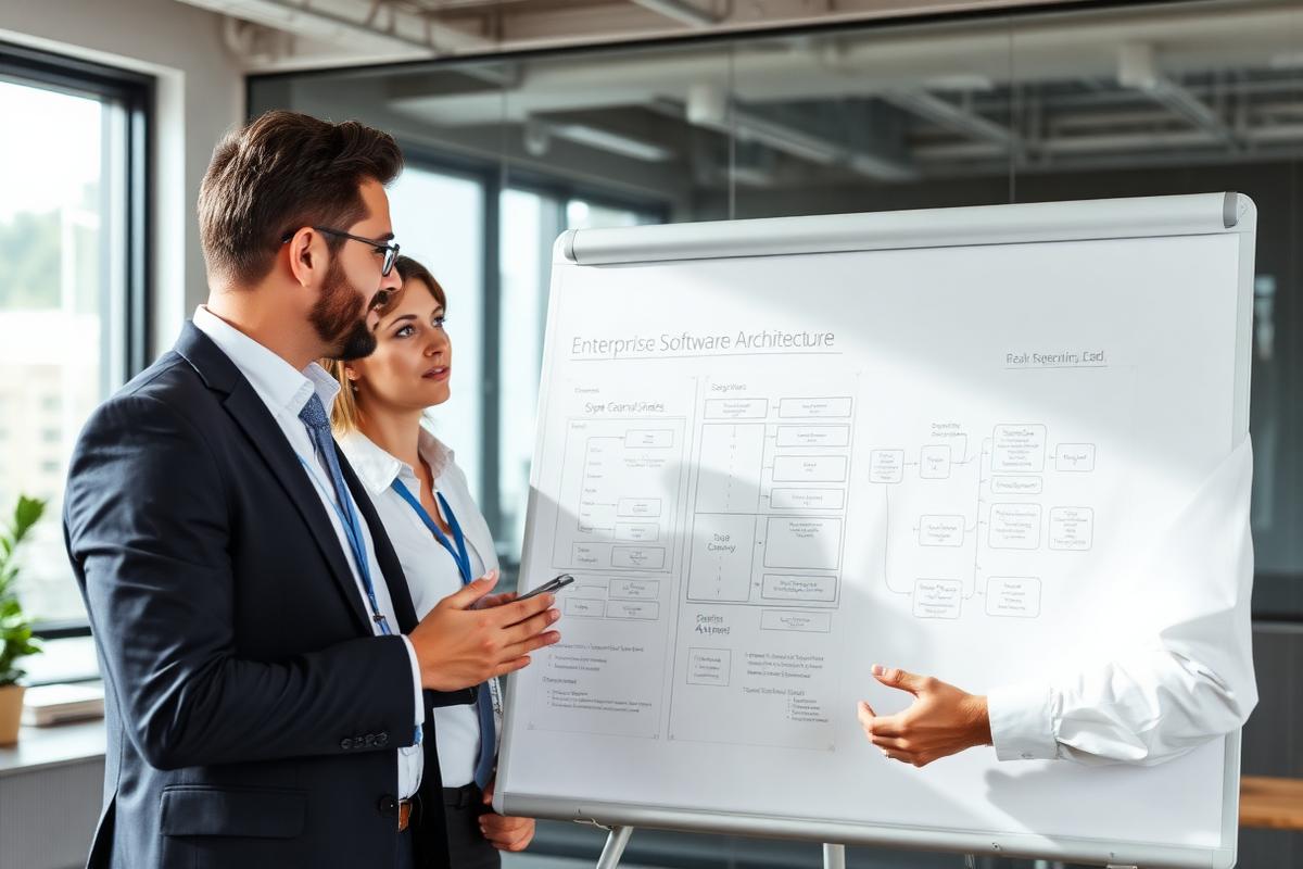 Two DENC consultants reviewing an enterprise architecture diagram
